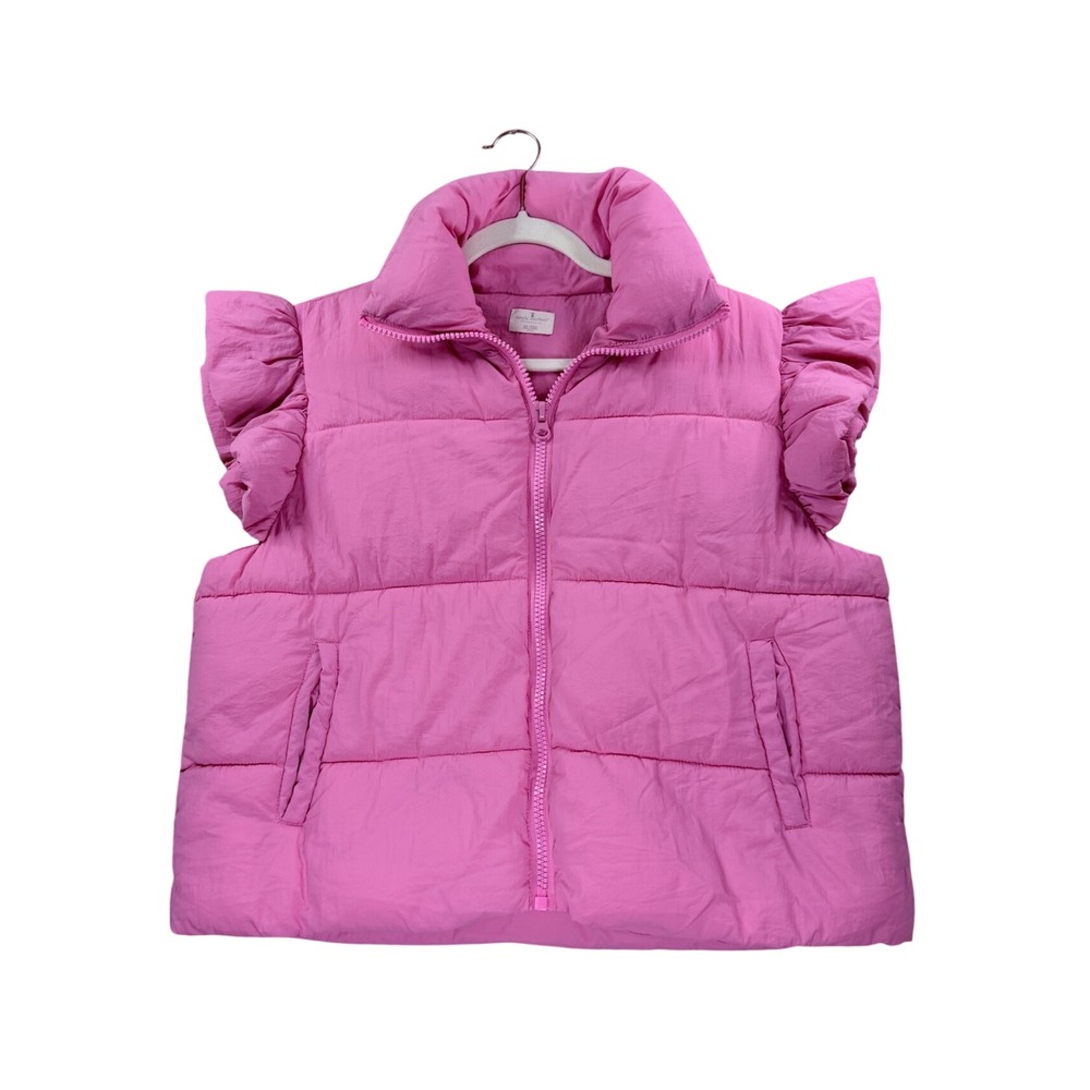 Simply Southern Puffer Vest Women XL/XXL Pink Ruffle Sleeve Quilted Zip Up